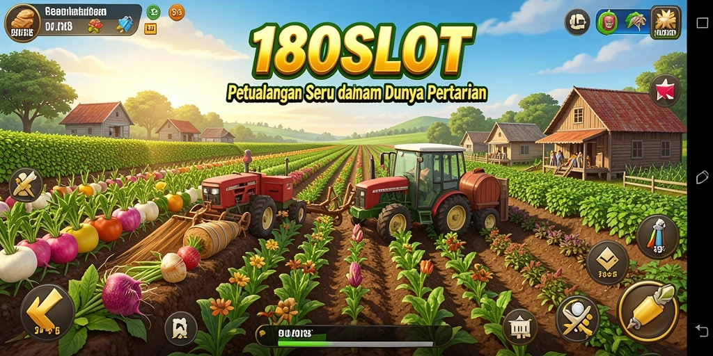 Tampilan gameplay <strong>180SLOT</strong> yang menggambarkan aktivitas bertani yang menarik.