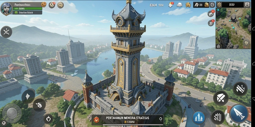 Tampilan menara pertahanan dalam aksi melawan gelombang musuh.