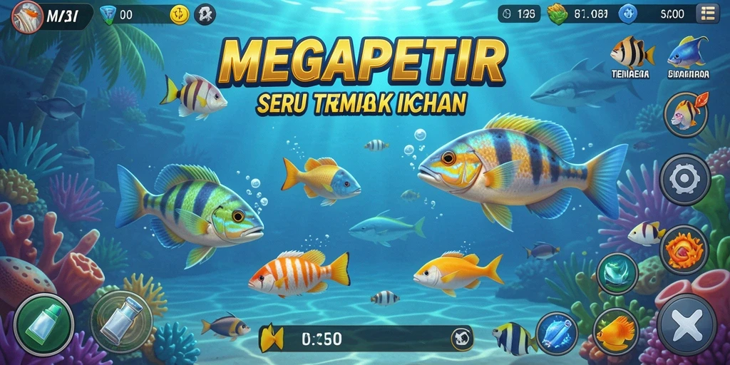Screenshot gameplay MEGAPETIR memperlihatkan aksi menembak ikan yang seru.