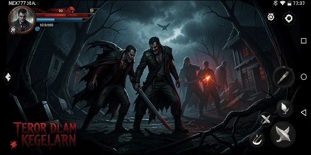Screenshot NEX777 menampilkan gameplay menegangkan dan karakter yang terjebak dalam kegelapan.